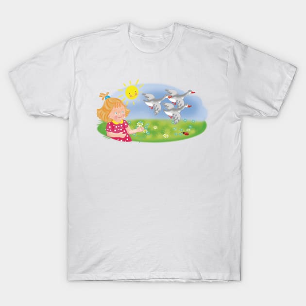 Cartoon flying geese And little girl T-Shirt by sonaart